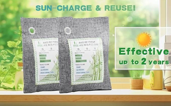 4 Pack Activated Charcoal Odor Absorber. Nature Fresh Bamboo Charcoal Air Purifying Bag Home Closet Air Freshener Deodorizer and Moisture Eliminator, Purifier for Closet, Shoe, Car Air freshener