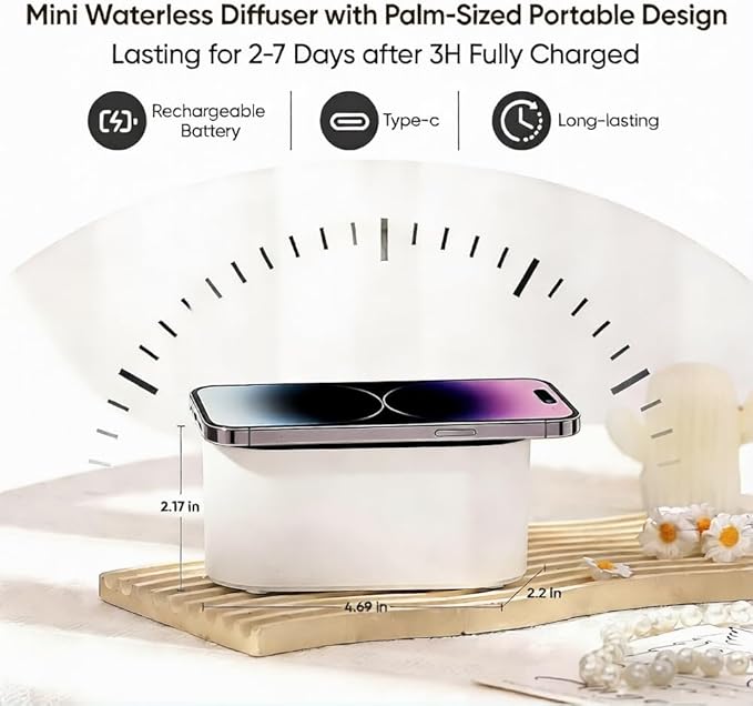 Waterless Diffuser for Essential Oil, Battery Operated Scent Air Aromatherapy Diffuser, Mini Aroma Diffusers with 3 Intermittent Mist Modes, Cycle Start for 400-700 sq.ft Home Office Bedroom.