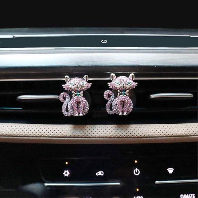 Cat Car Decor,2pcs Bling Car Air Freshener Vent Clips,Purple Princess Kitty Girly Dashboard Decorations for Women,Refillable Clips On Diffuser