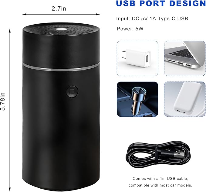 Sun Walker Smart Car Fragrance Diffuser, 80ml USB-Powered Ultrasonic Mist Humidifier Air Freshener with Lights, Portable Essential Oil Diffuser Aromatherapy Humidifier for Car Office Bedroom