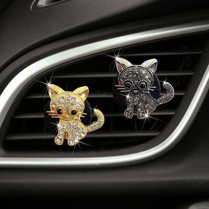 Katutude Diamond Cat Car Air Vent Clips Decoration, Cute Car Air Fresheners Oil Diffuser Vent Clip Charms Rhinestone Animal Ornaments Bling Car Interior Accessories Gifts for Women Girl, Gold