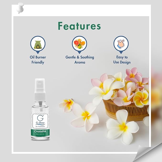 G's Breeze Champa Air Freshener - Captivating Floral Aroma Inspired by Champa Flower - Long-Lasting Fragrance - Relaxing Scent for Home, Office & Car - Refreshing & Tranquil Atmosphere for Relaxation