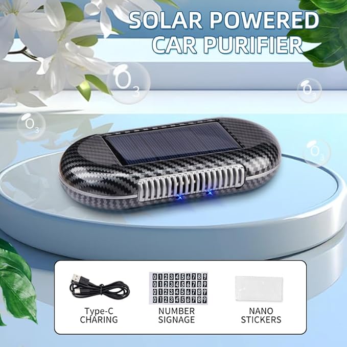 Solar-Powered Car Air Purifier with USB Charging & Ozone Odor Elimination - Portable HEPA Filter-Free Ionizer for Pet Odors, VOCs - Compact, Silent, Best for Car Use (8820 carbon fiber)