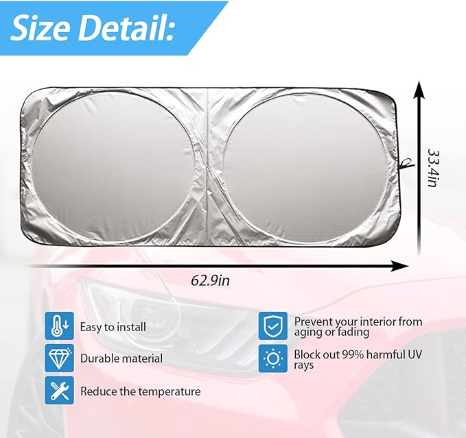 Foldable Windshield Sun Shade, Bonus Steering Wheel Sun Shield to Block UV Rays Keep Your Vehicle Cooler, Easy to Use Car Interior Accessories (X-Large)