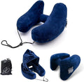 H-Shaped Travel Pillow with Snap-On Hood – Ergonomic Neck Support with Plush Velvet Cover, Instant Inflation & Compact Bag – for Airplane, Car, Office & Long Trips (Blue)
