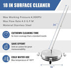 JANZ 18" Pressure Washer Surface Cleaner with 4 Wheels,1/4" Quick Plug,Stainless Steel Housing,2 Extension Wand Attachments, 3 Spray Nozzles and 2 Replacement Nozzles, 4000 PSI