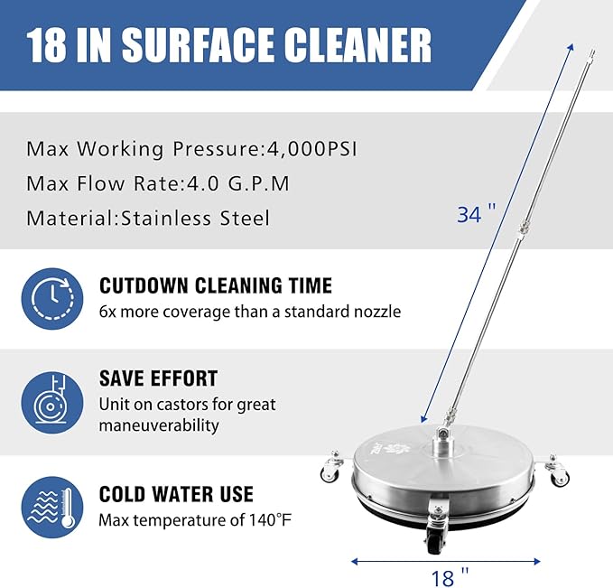 JANZ 18" Pressure Washer Surface Cleaner with 4 Wheels,1/4" Quick Plug,Stainless Steel Housing,2 Extension Wand Attachments, 3 Spray Nozzles and 2 Replacement Nozzles, 4000 PSI