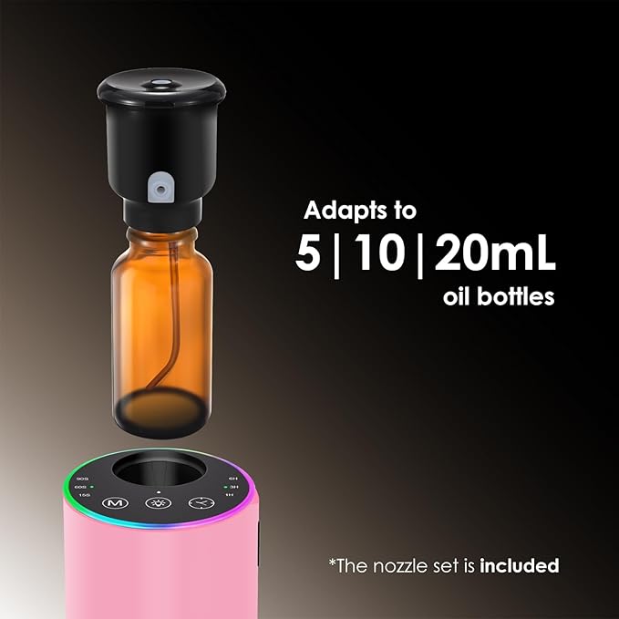 Waterless Essential Oil Diffuser with 8 Color LED Night Light, 3 Mist Levels & Timers, Portable Rechargeable Aromatherapy Diffuser for Home Car Room Studio Office, Black Metal (Pink)