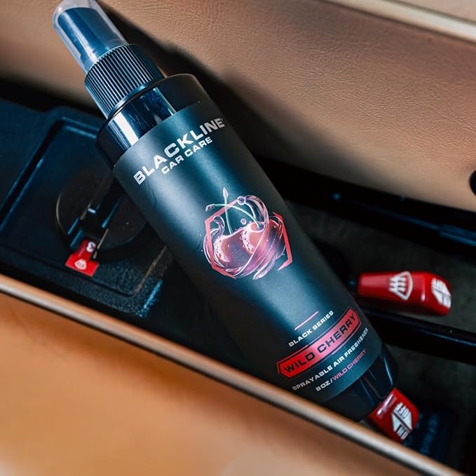 Blackline Car Care - Variety Pack Air Fresheners, Long-Lasting, Oder Eliminator, for Cars, Trucks, SUV, or Home Use - 8 fl OZ - Teakwood, Ocean Breeze, Dark Ice, Wild Cherry Air Fresheners