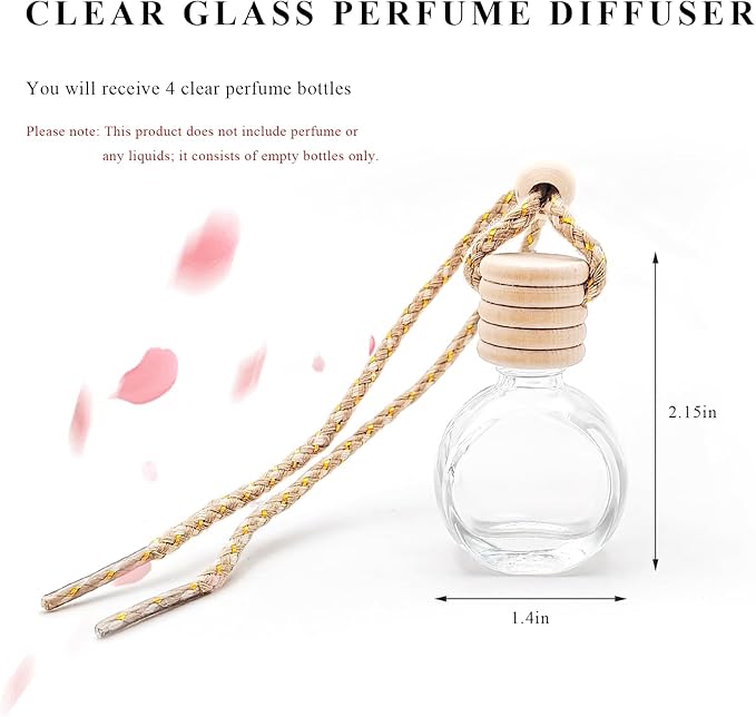 4 PCS Hanging Car Air Freshener, Empty Clear Glass Bottle Pendant Essential Oil Diffuser with Wooden Cap, 8ml Refillable Aromatherapy Bottle Perfume Ornament for Most Vehicles (Oblate)