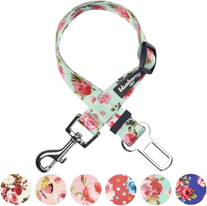 Blueberry Pet 8 Patterns Spring Scent Inspired Floral Rose Print Turquoise Adjustable Dog Seat Belt Tether for Dogs Cats, Durable Safety Car Vehicle Seatbelts Leads Use with Harness