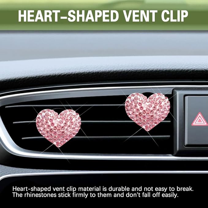 2PCS 2PCS Bling Heart Air Vent Clips, Heart Car Accessories, Bling Heart Charm Air Conditioning Outlet Clip, Car Interior Decor Air Fresheners Vent Clips Universal Fit for Women and Girls (Pink)