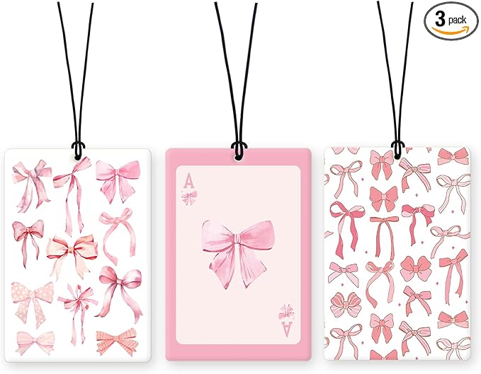 Lacama Pink Coquette Bow Car Air Freshener 3Pcs, Preppy Pink Bows Ace Card Cars Scents Air Freshener for Women Girls Gifts, Cute Girly Car Accessories Interior Mirror Decor Hanging
