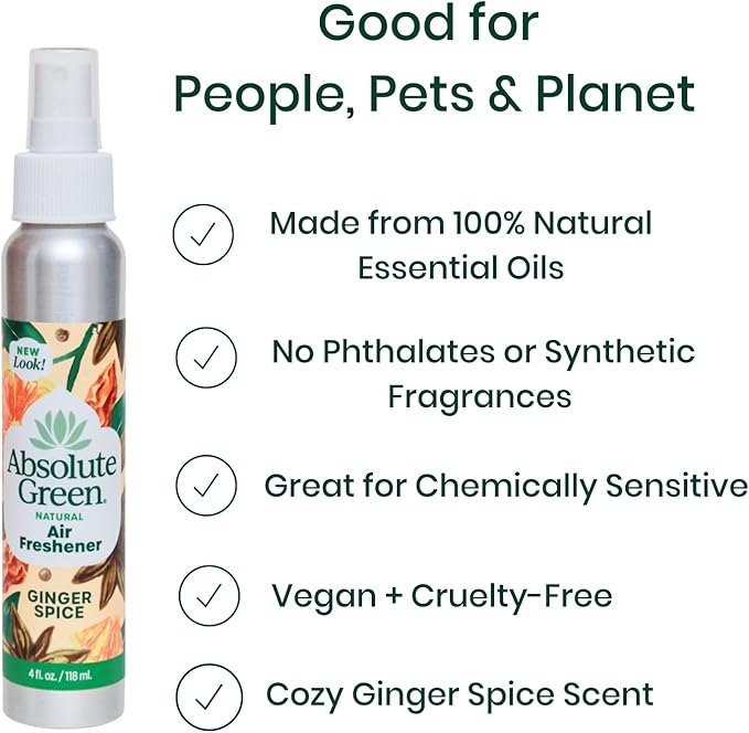 Absolute Green Air Freshener Room Spray, Non-Toxic, Cover Odors, Safe around Kids and Pets, Natural Ginger Spice Scent 4oz (Pack of 2)