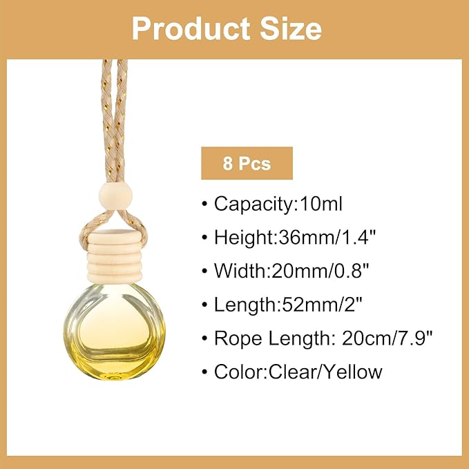uxcell 8pcs Hanging Car Air Freshener Perfume Bottle, 10ml Pendant Empty Clear/Yellow Glass Essential Oil Aromatherapy Diffuser with Wooden Cap for Car Decor (Clear/Yellow, Round)