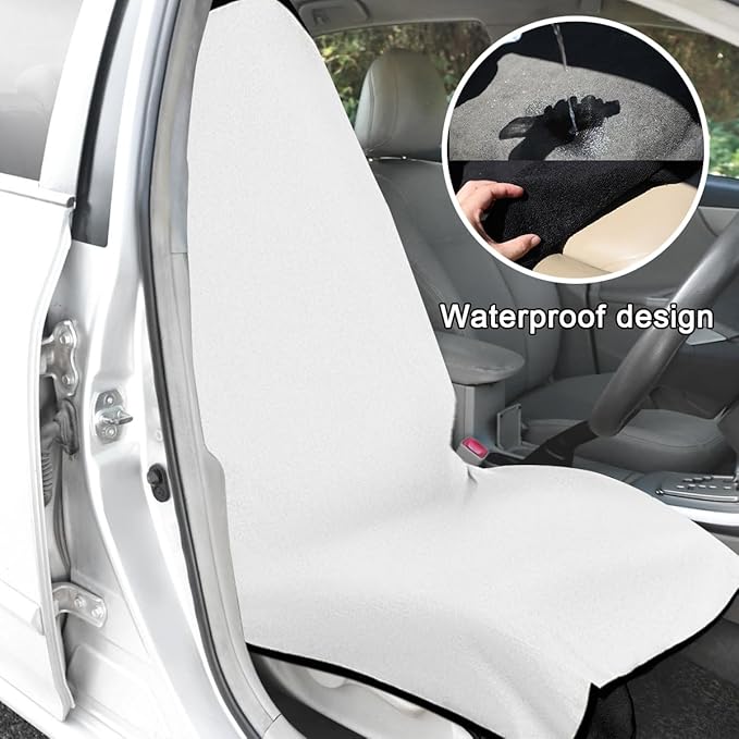 Waterproof Car Towel Seat Cover, Sweating Non-Slip Premium Towel Carseat Cover Protector, Universal Soft Machine Washable Car Truck SUV Front Seat Cover for Gym Workout Beach Hiking (White)