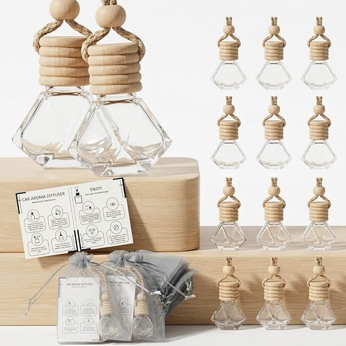 15 Sets Car Air Freshener Hanging Diffusers with Empty Glass Perfume Bottles Essential Oil Fragrance Pendants Instruction Cards Organza Storage Bags for Vehicle Home Closet (Diamond)