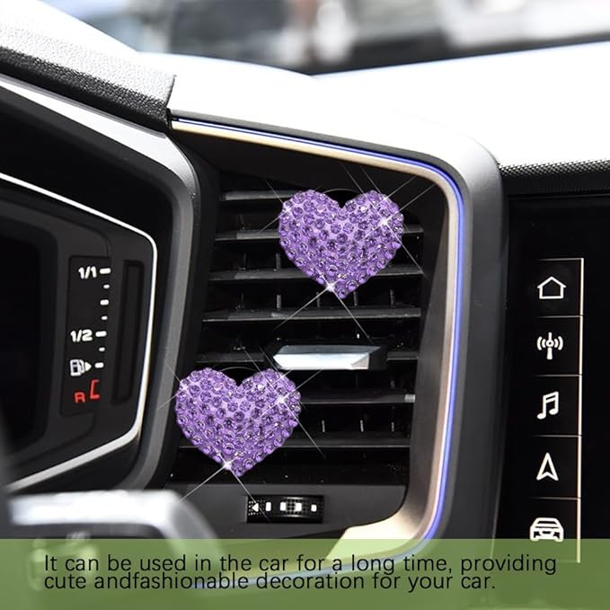 2PCS Bling Heart Air Vent Clips, Heart Car Accessories, Bling Heart Charm Air Conditioning Outlet Clip, Car Interior Decor Air Fresheners Vent Clips Universal Fit for Women and Girls (Purple)