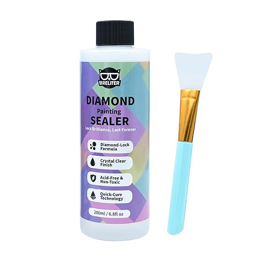 Diamond Painting Sealer, 200ML Clear Glue for Diamond Art, Quick-Drying Adhesive with Glossy Finish, Dustproof & Waterproof Protection, Shine Effect Conserver, with Silicone Brush (6.8 fl oz)