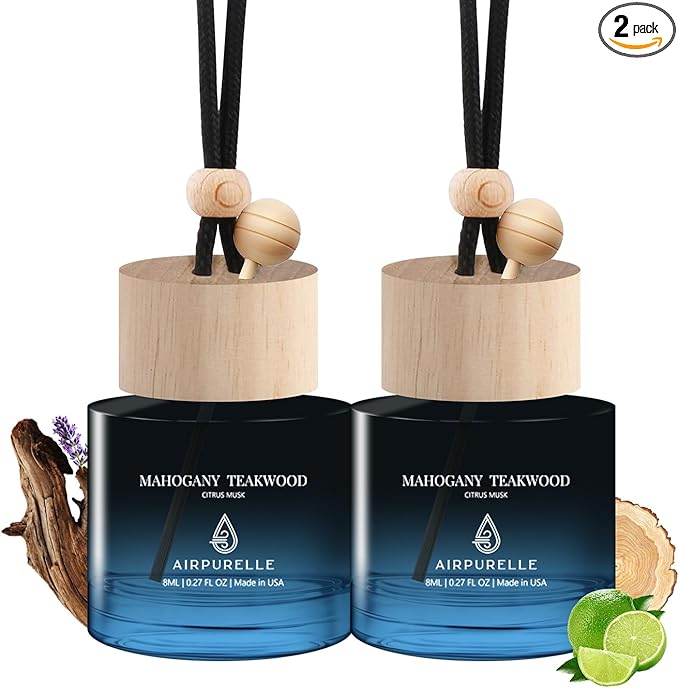 Car Air Freshener Hanging 2 Pack Car Air Fresheners Diffuser - Mahogany Teakwood Fragrance Oil Air Diffuser for Car, 45+ days Long Lasting Car Fresheners Fragrance, Two 0.27 FL OZ/8ML Made in USA