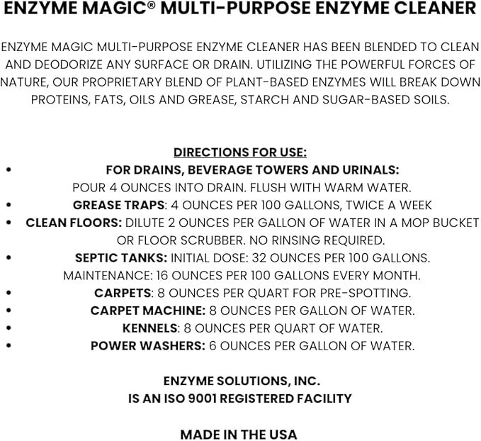 Multi-Purpose Enzyme Cleaner Concentrate 1 Gallon – Plant-Based Stain & Odor Eliminator for Carpets, Floors, Tiles, Kitchen & RV – Biodegradable, Safe for Septic Systems