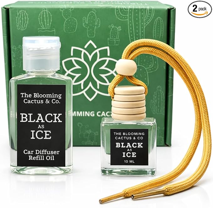 Car Air Freshener with 1 Oz Refill included | Car scented on the go | Car Air Freshener | Long Lasting Hanging Fragrance | Phthalate Free Fragrance (Black As Ice (Type), 10 ml)