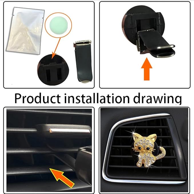 Cute Diamond Cat Air Vent Clip Air Conditioning Outlet Clip Car Air Freshener Clip Charm Car Inter Decor Accessories (Gold)