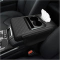 Car Center Console Armrest Pillow, Multifunctional Armrest Box Cover with Cup Phone Tissue Holder & Side Pockets, Waterproof Leather Middle Console Cushion for Most Vehicles (Black, Embroidered)