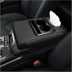 Car Center Console Armrest Pillow, Multifunctional Armrest Box Cover with Cup Phone Tissue Holder & Side Pockets, Waterproof Leather Middle Console Cushion for Most Vehicles (Black, Embroidered)
