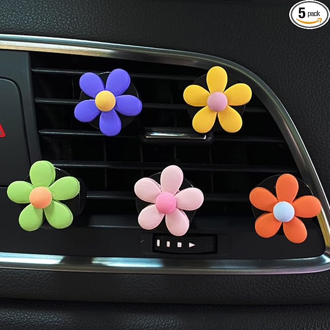5 Pieces Daisy Flower Air Vent Clips, Cute Colorful Car Air Freshener Clip & Diffuser, Boho SUV Outlet Vent Decorations, Charm Car Inter Decor Accessories for Girls Women