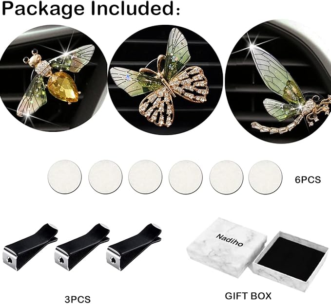 Bee Butterfly Dragonfly Car Aromatherapy Diffusers - 3 Pcs Green Vent Clip Car Decoration & Interior Decor Accessories