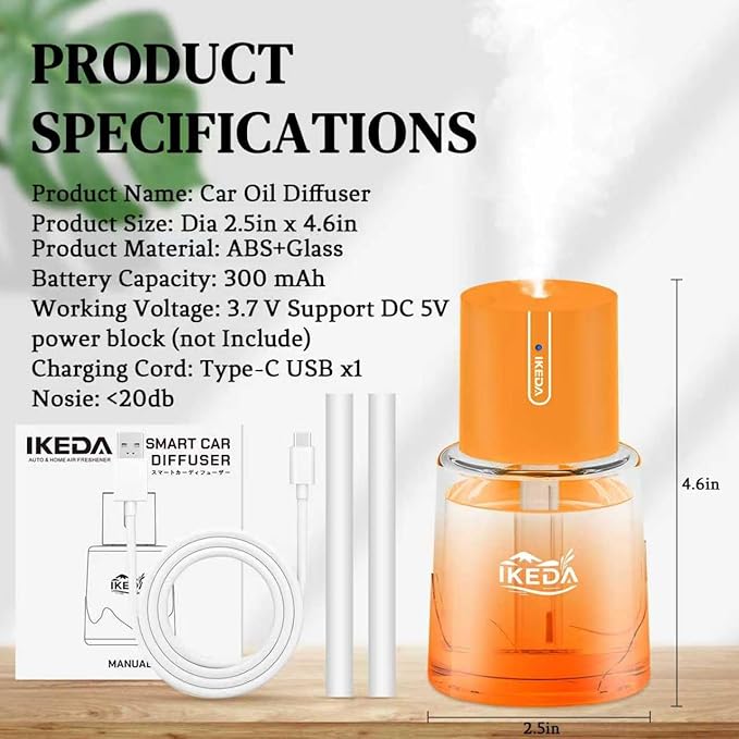 Ikeda Car Diffusers for Essential Oils,100ml Glass Car Essential Oil Diffuser, Smart Car Air Freshener with 3 Adjustable Modes, Auto On/Off & 300mAH Battery Operated Car Aroma Diffuser, Orange