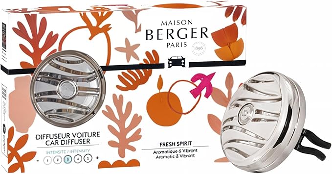Maison Berger Car Diffuser Set – Refillable Vent Clip, Ceramic Refill, Made in France - Luxury Auto Scent - 4-Week Diffusion - Elegant Air Freshener for All Car Vents (Fresh Spirit)