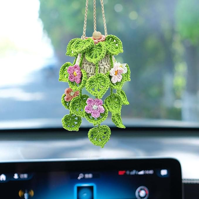 Crochet Hanging Plant Car Air Freshener，10ml Empty Refillable Car Diffuser Bottle with Potted Plants Car Mirror Hanging Accessories Car Air Hanging Fragrance Oil Diffuser (Pink Flower)