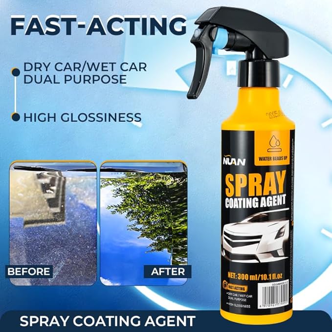 NUAN Nano Hydrophobic Ceramic Coating, 300ml Car Coating Spray Kit, Easy-to-Spray Auto Paint Protection, Includes Microfiber Cloth for Vehicle Shine & Protection