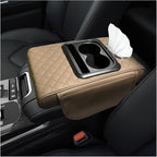 Car Center Console Armrest Pillow, Multifunctional Armrest Box Cover with Cup Phone Tissue Holder & Side Pockets, Waterproof Leather Middle Console Cushion for Most Vehicles (Beige, Embroidered)
