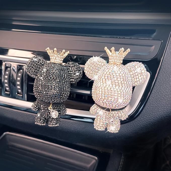 Handmade Bling Rhinestone Bear Car Air Freshener Cute Ornaments Car Vent Clips Accessories Perfume Clip Aromatherapy Diffuser Fragrance Cotton Pad Car Interior Decoratio Women Girl (Black)