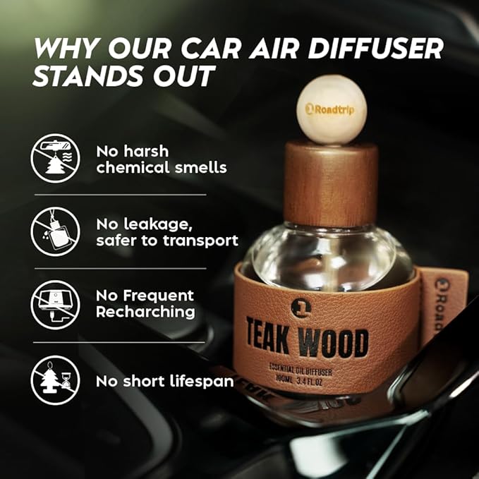 Car Air Freshener - Long Lasting Essential Oil Diffuser - Aromatherapy Accessories for Men & Women - Valentines Day Gifts for Him - Teakwood Car Scent Diffuser 3.38 FL OZ/100ML