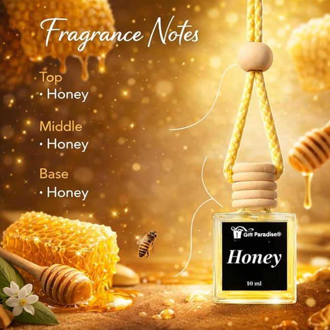 Gift Paradise® Honey Car Freshener Set – 3 Pack 10ml Hanging Air Fresheners with Wooden Lid – Spring Summer Auto & Home Fragrance Diffuser for Car Mirror – Velvet Gift Bag Included