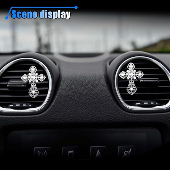 Bling Car Dashboard Air Vent Trim Clips, Crystal Rhinestone Air Vent Clips, Car Interior Decoration Accessories, Cross Air Conditioning Outlet Clip for Women Girls (Silver, 2PCS)