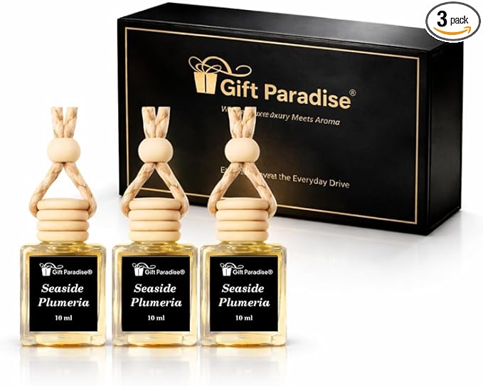 Gift Paradise® Seaside Plumeria Hanging Car Air Freshener Set of 3(10 ml) Fragrance Oil Diffusers with Wooden Cap, Tropical Floral Beach Scent, Long-Lasting for Car, Closet & Office, Magnetic Gift Box