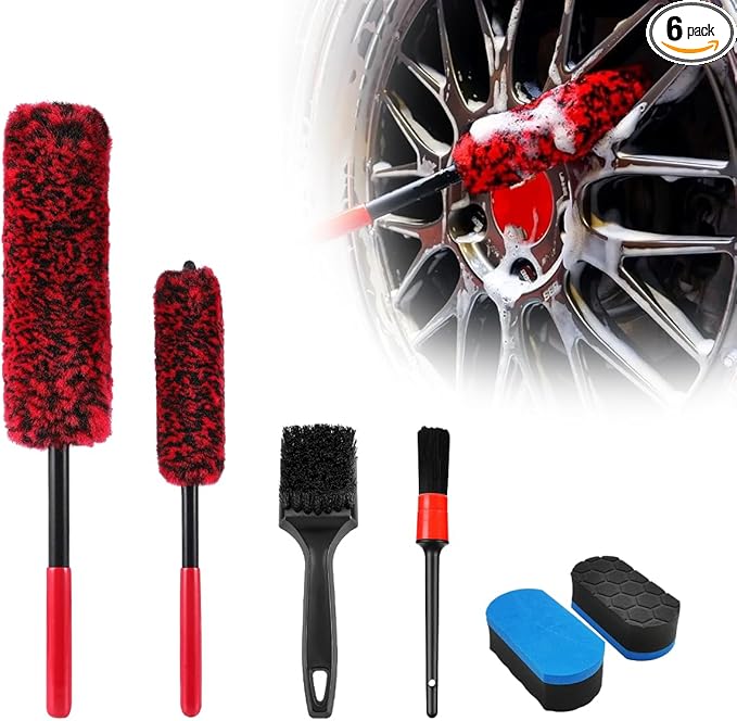 6PCS Car Wheel Cleaning Pro Kit, Soft Wheel Cleaner Tire Brush Detailing Brush with Applicator Pads, Scratch-Free Rim Brushes Tire Scrubber Dressing Pads for Vehicle Cleaning