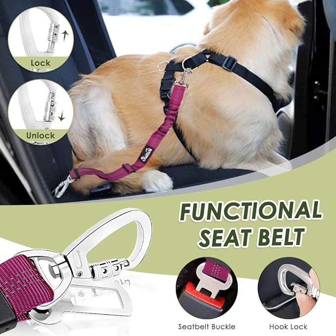 Lukovee Dog Seat Belt for Car, Adjustable Dog Car Harness for Large Medium Small Dogs, Soft Padded & Breathable Mesh Dog Seatbelt with Car Strap and Carabiner (Rose,M)