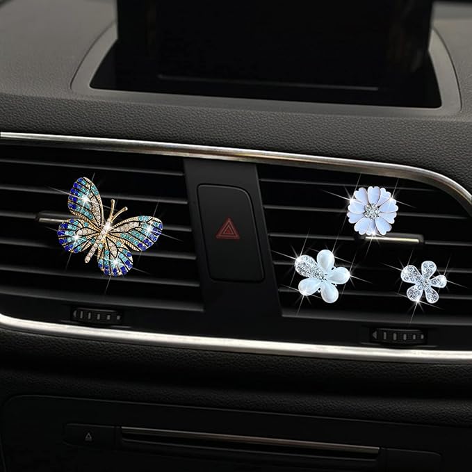 Bling Flower Air Vent Clips, 4 Pcs Blue Butterfly Car Air Fresheners Vent Clips Car Diffuser Diamond Car Decoration Car Interior Decor Daisy Cute Car Accessories for Women Girls
