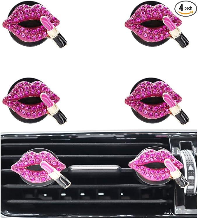 4pcs Red Purple Lips Car Vent Clips Air Freshener Dazzling Lipstick Girly Car Decor Accessories for Women Bling Car Interior Decorations Refillable Diffuser