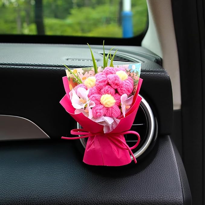 Mini Daisy Bouquet Car Vent Clip Air Freshener, Small Artificial Flowers Car Accessories, Reusable Essential Perfume Diffuser with Lemon & Blank Pad, Dashboard Yarn Floral Decor, Gift for Car(Style A)
