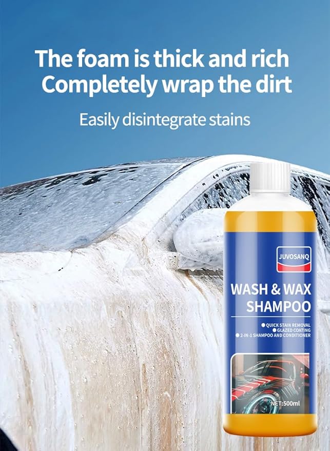 Car Wash & Wax Shampoo, 2-in-1 Liquid Car Shampoo and Conditioner, Enzyme Active Stain Remover with Glazed Coating, Phosphate-Free for Car/Motorcycle Exterior, 500ml/16.9oz