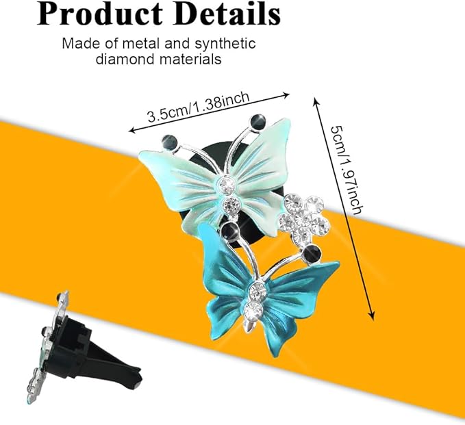 2PCS Car Air Fresheners Vent Clips, Butterfly Car Accessories, Sparkly Bling Dual Butterfly Auto Air Vent Clips, Automotive Cute Air Conditioning Outlet Decoration Universal for Women Girl