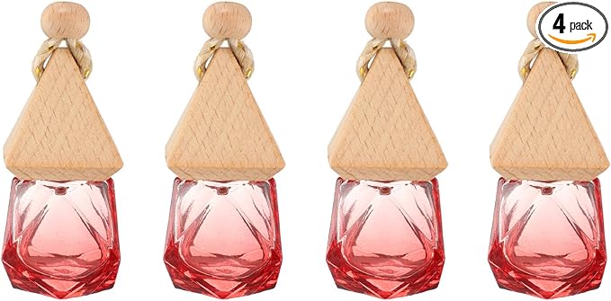 uxcell 4pcs Hanging Car Air Freshener Perfume Bottle, 8ml Pendant Empty Clear/Red Glass Essential Oil Aromatherapy Diffuser with Wooden Cap for Car Decor (Clear/Red, Rhombus)