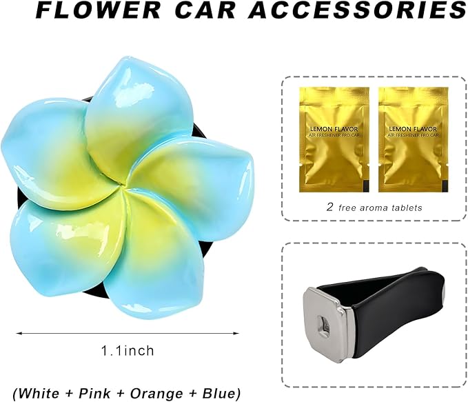 4PCS Flower Car Air Vent Clips, Cute Plumeria Automotive Air Fresheners Vents Clips Decoration, Girly Flower Auto Perfume Diffuser Decor Charm for Women (White+Pink+Orange+Blue)